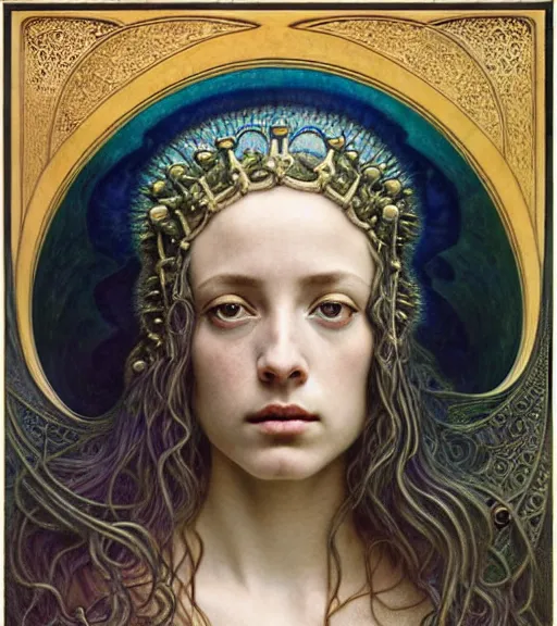 Prompt: detailed realistic beautiful young medieval queen of atlantis face portrait by jean delville, gustave dore and marco mazzoni, art nouveau, symbolist, visionary, gothic, pre - raphaelite. horizontal symmetry by zdzisław beksinski, iris van herpen, raymond swanland and alphonse mucha. highly detailed, hyper - real, beautiful