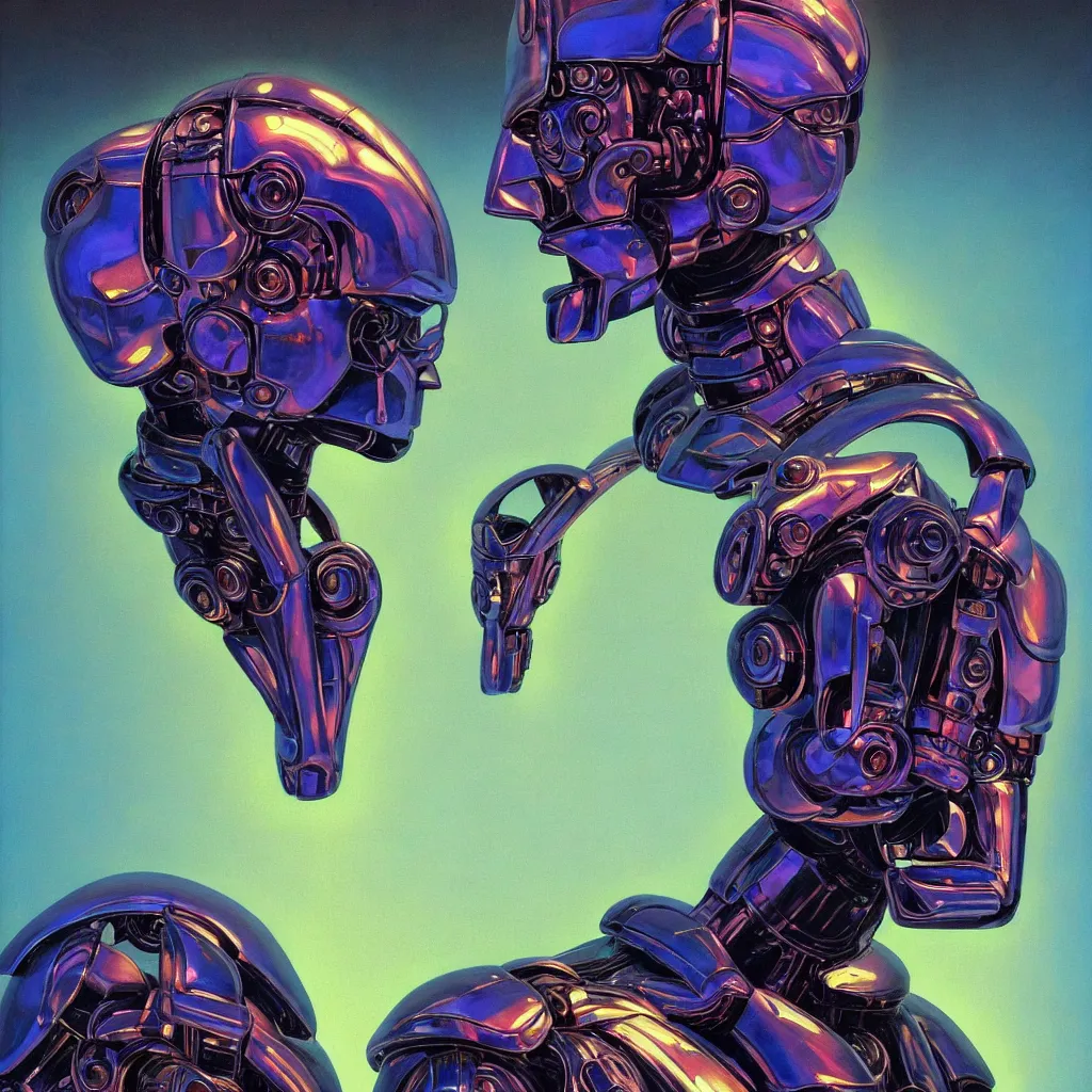 Image similar to cinematic bust portrait of psychedelic god robot from left, head and chest only, robotic improvements, part of Moebius, part of maxfield parrish, part of Thomas Ehretsmann,, oil on canvas, masterpiece, trending on artstation, cinematic composition, dramatic pose, beautiful lighting, sharp, details, hyper-detailed, volumetric lighting 4K