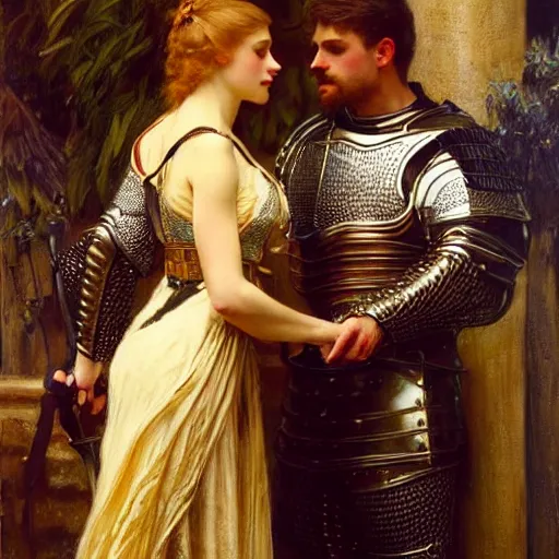 Image similar to attractive fully clothed arthur pendragon confesses his love for his attractive fully clothed male knight. highly detailed painting by gaston bussiere and j. c. leyendecker 8 k