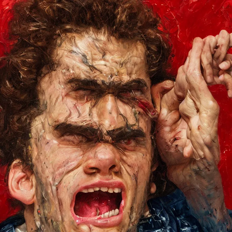 Prompt: warmly lit close up studio portrait of young angry!! screaming! teenage Cosmo Kramer furious!, impasto oil painting thick brushstrokes by Lucian Freud and Cy Twombly and Tim Hawkinson , trending on artstation dramatic lighting Expressionism