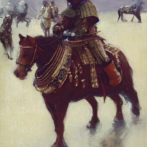 Image similar to man wearing chinmail and gambeson on horseback, holding jousting lance, horse is wearing caparisons, medieval by greg manchess, bernie fuchs, walter everett, lost edges