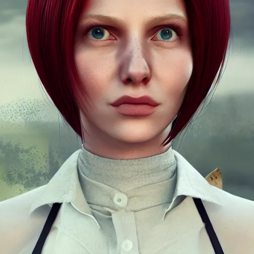 Image similar to beautiful girl her name was helga. she had red hair and green eyes and wanted to become a journalist when she grew up, beautiful portrait, symmetrical, character concept style trending on artstation concept art detailed octane render cinematic photo - realistic 8 k high detailed