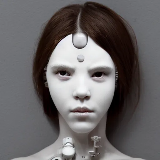 Image similar to full head and shoulders, beautiful female porcelain sculpture with all white 3 d cyborg elements, white prosthetic eyes, 3 d goggles, smooth, all white features on a white background, delicate facial features, white eyes, white lashes, detailed white liquid, cyberpunk, anatomical by daniel arsham and james jean