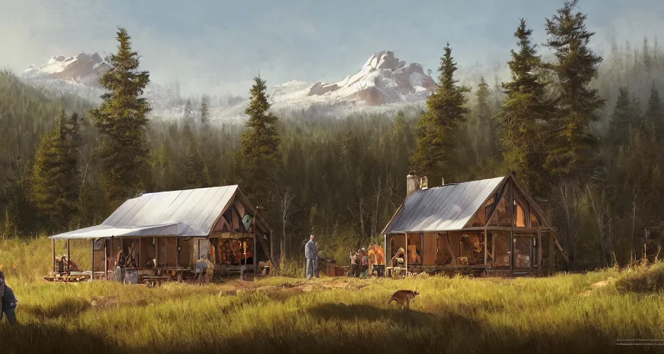 Image similar to cabela's beautiful comfortable modular pop - up insulated all terrain family dwelling, cabin,, person in foreground, mountainous forested wilderness open fields, beautiful views, painterly concept art, joanna gaines, environmental concept art, farmhouse, magnolia, concept art illustration, by james gurney, by craig mullins, by greg rutkowski trending on artstation