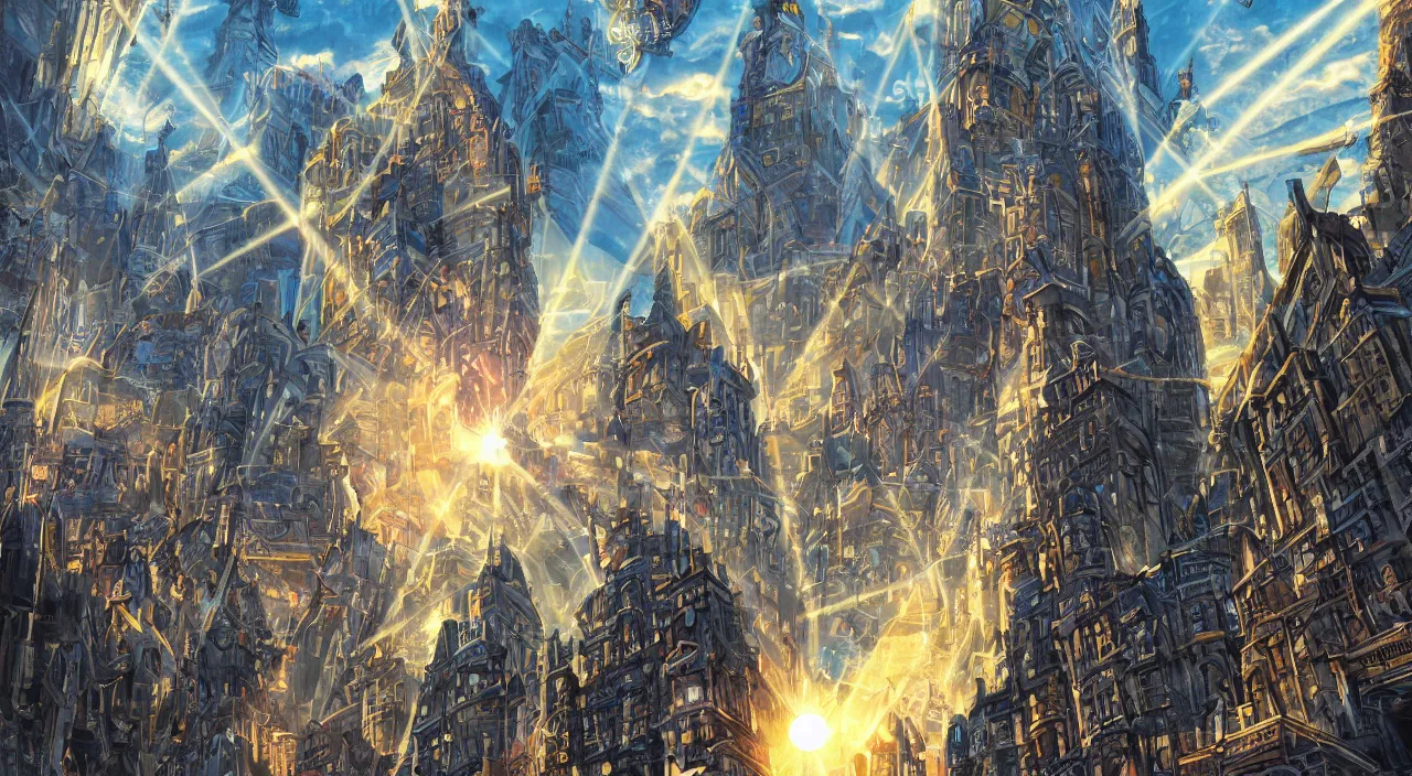 Image similar to fortress accadamy of tower cristal a spectacular view cinematic rays of sunlight comic book illustration, by john kirby