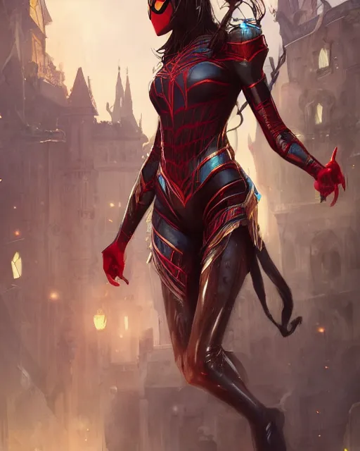 Image similar to a beautiful spiderwoman wearing a magical armor posing in a magical town, hyper realistic face, fantasy art, in the style of greg rutkowski, illustration, epic, fantasy, intricate, hyper detailed, artstation, concept art, smooth, sharp focus