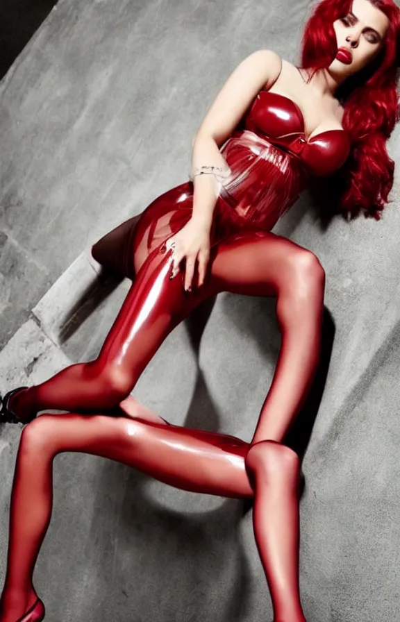 Prompt: young sexy d - cup bra size scarlett johansson long red hair wearing shiny transparent latex dress, goth, gothic, high - end fashion photoshoot