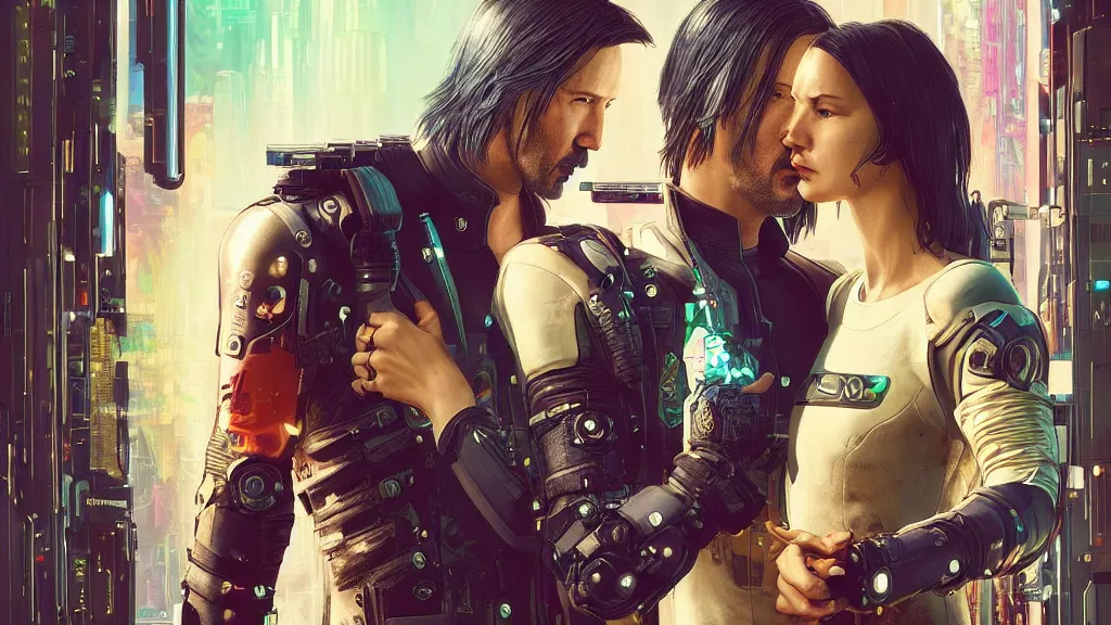 Image similar to a cyberpunk 2077 couple portrait of Keanu Reeves&female android in final kiss,love,film lighting,by Laurie Greasley,Lawrence Alma-Tadema,Dan Mumford,John Wick,Speed,Replicas,artstation,deviantart,FAN ART,full of color,Digital painting,face enhance,highly detailed,8K,octane,golden ratio,cinematic lighting