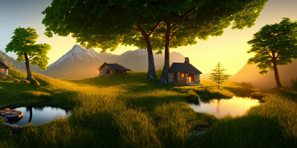 Prompt: a beautiful fantasy landscape, mountain in background, little cottage, small pond, some trees in the corner, sunrise, hyper realism, octane render, art by philipp urlich