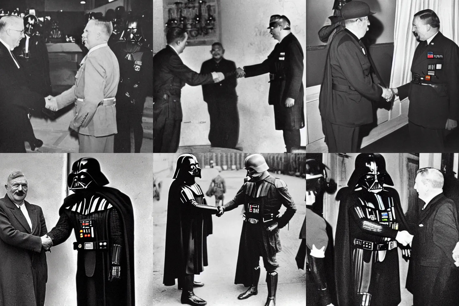 Prompt: ww2 photo of darth vader shaking hands with a happy adolf hitler, paparazzi shot