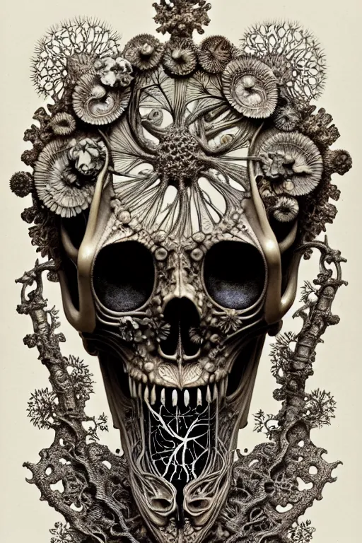 Image similar to art forms of nature by ernst haeckel, memento mori by arthur rackham, ornate antique porcelain beautiful skull mask, ultrasharp, photorealistic, hyperdetailed, octane render, polished, art nouveau, neo - gothic, gothic, intricate ornamental organic filigree, art nouveau botanicals, art forms of nature by ernst haeckel, horizontal symmetry, symbolist, visionary