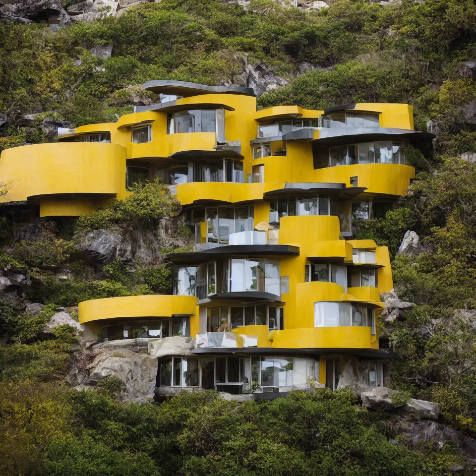 Prompt: a mid-century modern house on top of a cliff, designed by Frank Gehry. Big tiles. Small wooden pathway . Film grain, cinematic, yellow hue