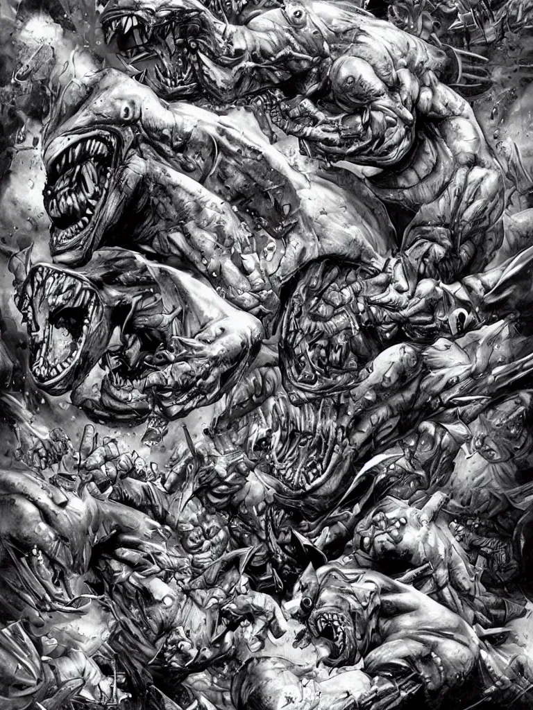 Prompt: giant street sharks powering up by lee bermejo