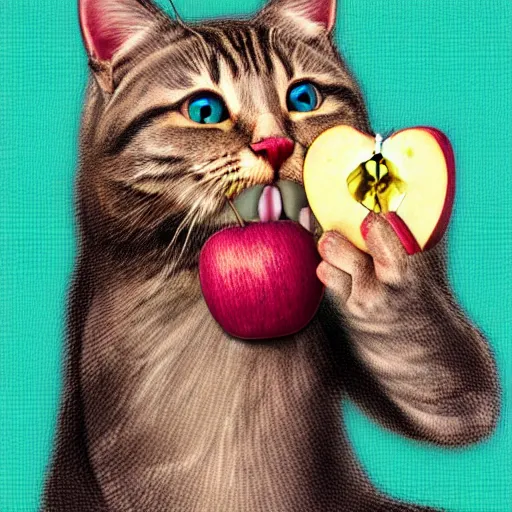 Image similar to a colourful cat eating apple, digital art