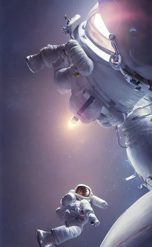 Image similar to astronaut in space by yongsung kim, sharp focus, intricate, elegant, digital painting, artstation, matte, highly detailed, concept art, illustration, volumetric lighting