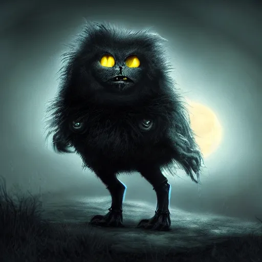 Prompt: full shot portrait of angry cute and fluffy darkness creature at moonlight, inspired by Tim Burton, Norihiro Yagi, Marc Simonetti, Amano, Juri Misaki, Giger, darkness background, detailed, unreal engine 4k volumetric light, fog,