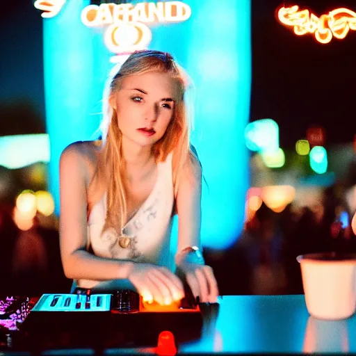 Image similar to A young, blonde-haired woman with soft facial features and blue eyes, 35mm photograph, neon lights in the background, DJing at coachella