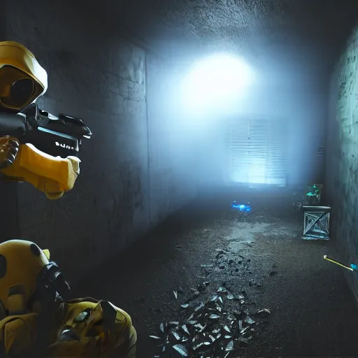 Prompt: screenshot of a first person shooter game on unreal engine 5, in an underground garden, shootout, photorealistic, player fighting against hazmat soldiers