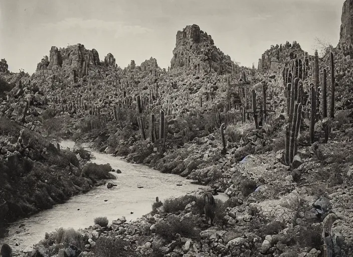 Image similar to Overlook of a river flowing through a cactus forest and rock formations, albumen silver print by Timothy H. O'Sullivan.