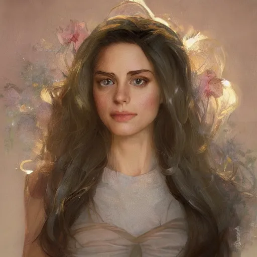 Image similar to a portrait painting of alison brie / anne hathaway / rachel lane hybrid in the oil painting unreal 5 daz. rpg portrait, extremely detailed artgerm greg rutkowski alphonse mucha vladimir volegov