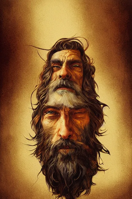 Image similar to full-body portrait of a majestic hobo, brown and gold, rags, beard, fisheye lens, by Anato Finnstark, Tom Bagshaw, Brom