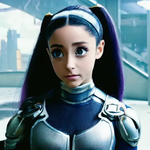 Prompt: cinematic still of ariana grande in alita : battle angel ( 2 0 1 9 ), xf iq 4, f / 1. 4, iso 2 0 0, 1 / 1 6 0 s, 8 k, raw, dramatic lighting, symmetrical balance, in - frame