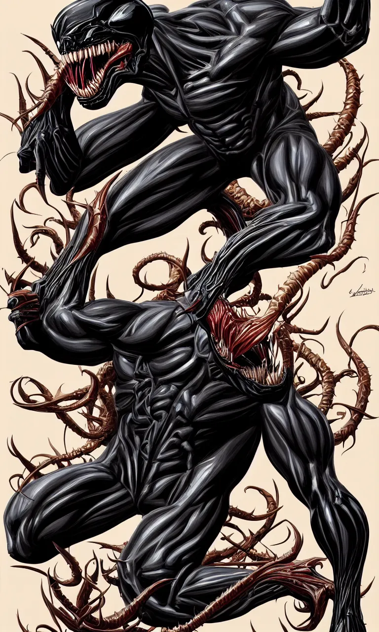 Prompt: anatomically acurate full body long shot venom from marvel comics!!!!, large mouth with teeth, fantasy, intricate, elegant, highly detailed, digital painting, artstation, concept art, matte, sharp focus, illustration, art by glenn fabry