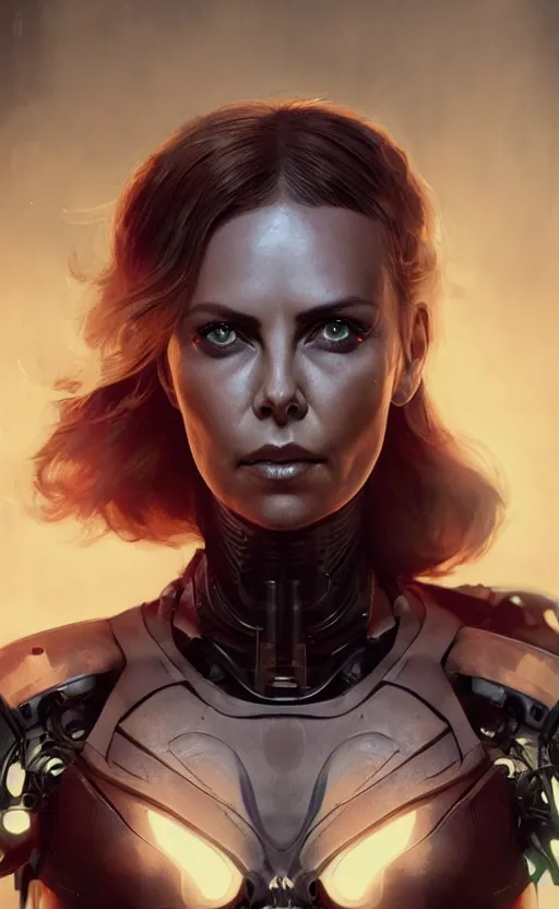 Image similar to a cyborg demon girl, charlize theron, flawless symmetrical pretty cute face, greg rutkowski, 8 k, shallow depth of field, intricate detail, concept art,