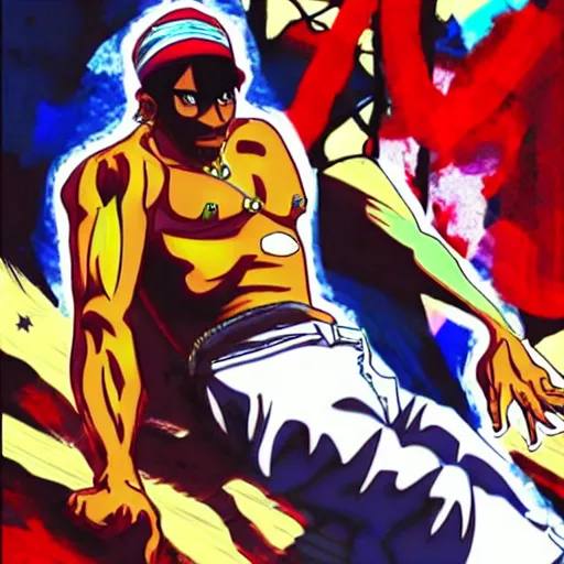 Image similar to Tupac Shakur, screenshot from a 2012s anime