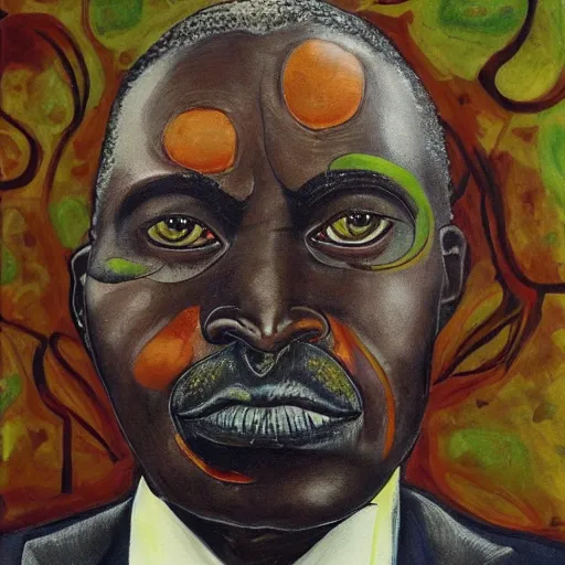 Image similar to a painting of a fatherly wide forehead, round face, XXL , loving, caring, generous, ever-present, humble, wise elder from Kenya in a suit by Wangechi Mutu . Fatherly/daddy, focused, loving, leader, relaxed,. ethereal lights, details, smooth, sharp focus, illustration, realistic, cinematic, artstation, award winning, rgb , unreal engine, octane render, cinematic light, macro, depth of field, blur, blue strong light and clouds from the back, highly detailed epic cinematic concept art CG render made in Maya, Blender and Photoshop, octane render, excellent composition, dynamic dramatic cinematic lighting, aesthetic, very inspirational, arthouse.