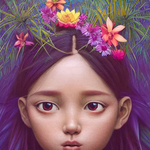 Prompt: real girl dora the explorer, exterior botanical garden, portrait face, colorful, frantisek kupka, intricate, miles johnston, kuroda seiki, cynical realism, ozabu, john william godward, painterly, yoshitaka amano, moebius, miles johnston, louise zhang, james jean, mark ryden lowbrow pop surrealism art style