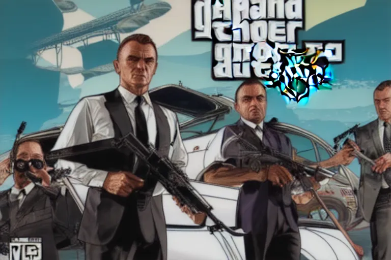 Image similar to GTA V cover art based on James Bond, starring 007 James Bond