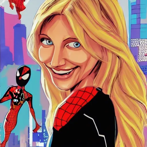 Image similar to cameron diaz portrait, spider - man : into the spider - verse, comic, comix