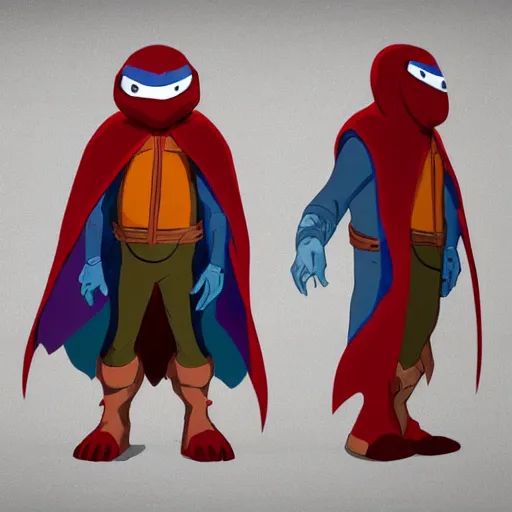 Image similar to concept art character with a vampire squid head and cape that is tall and thin character sheets that focuses on an ocean setting with help from lead artist Andy Suriano for a new episode of rise of the teenage mutant ninja turtles on nickelodeon that is trending on art station comic book dots with chromatic aberration