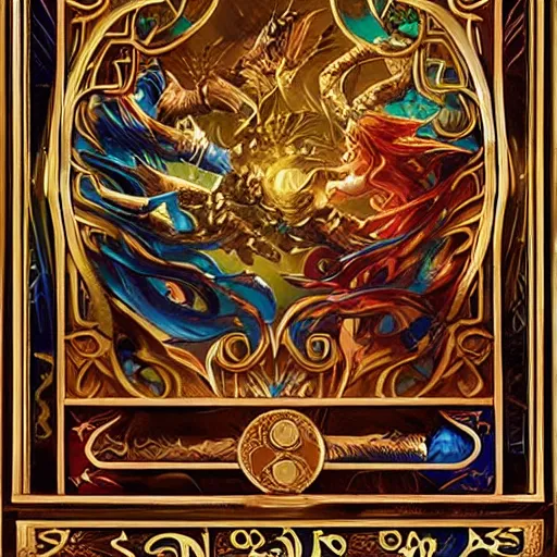 Image similar to a beautiful and vivid and colorful andreas rocha magic the gathering fantasy illustration of a beautiful engraved wooden pandora's box with inlaid jewels and gold filigree scrollwork.