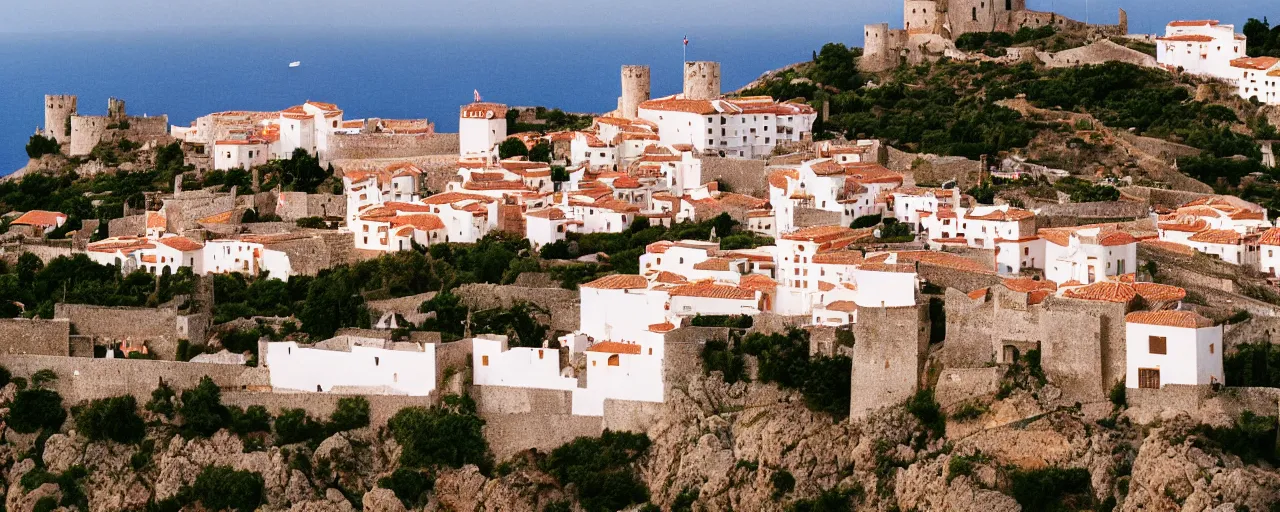 Image similar to 35mm photo of the Spanish castle of Salobrena on the top of a large rocky hill overlooking a white Mediterranean town, white buildings with red roofs, ocean and sky by Gregory Crewdson