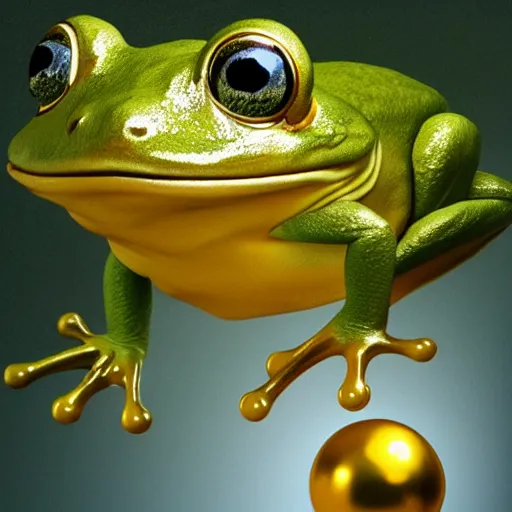 Prompt: long shot of a cute frog playing with golden metal balls, by esao andrews, by m. w. kaluta, volumetric light, rich colors, very humorous oil painting, realistic reflections, smooth, concept art, depth perception, high depth of field, 4 k, unreal engine 5, ultradetailed, hyperrealistic, artstation