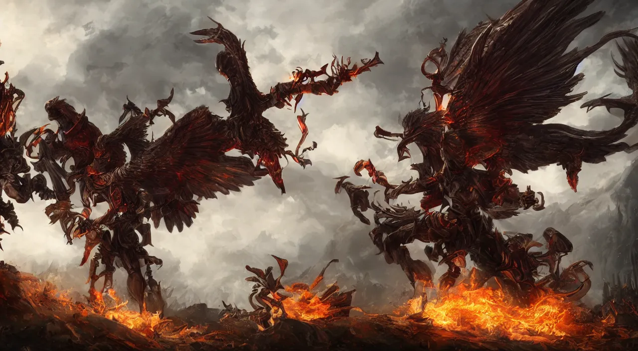 Image similar to epic fantasy battle Archangel Rufus vs Lucifer, extremely detailed, trending on Artstation, award-winning