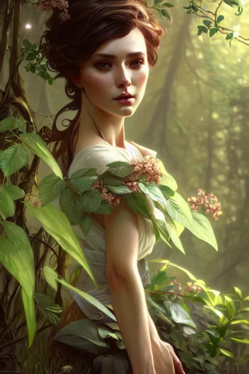 Image similar to beautiful digital painting of a stylish female forest with high detail, 8 k, stunning detail, works by artgerm, greg rutkowski and alphonse mucha, unreal engine 5, 4 k uhd