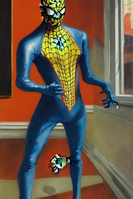 Image similar to man in spider man costume, lizard in costume astronaut, hauntingly surreal, highly detailed painting by francis bacon, edward hopper, adrian ghenie, gerhard richter, and james jean soft light 4 k,