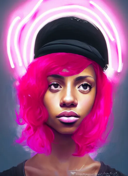 Image similar to portrait of teenage vanessa morgan with bright pink hair, black girl, vanessa morgan, curly pixie cut hair, wearing newsboy cap, newsboy cap, hoop earrings, intricate, elegant, glowing lights, highly detailed, digital painting, artstation, concept art, smooth, sharp focus, illustration, art by wlop, mars ravelo and greg rutkowski