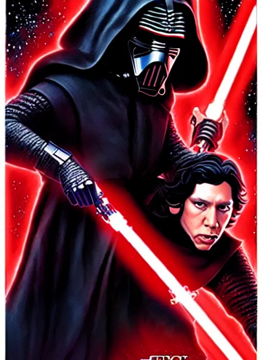 Image similar to movie poster for the new star wars movie, kylo ren fights jar jar binks, by drew struzan