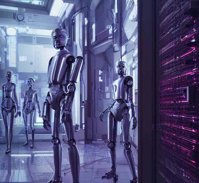 Image similar to hyperrealism stock photography of highly detailed stylish humanoid robot in sci - fi cyberpunk style by gragory crewdson and vincent di fate with many details by josan gonzalez working in the highly detailed data center by mike winkelmann and laurie greasley hyperrealism photo on dsmc 3 system rendered in blender and octane render