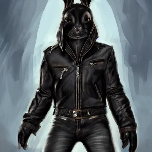 Image similar to A bunny with a small head wearing a fine intricate leather jacket and leather jeans and leather gloves, trending on FurAffinity, energetic, dynamic, digital art, highly detailed, FurAffinity, high quality, digital fantasy art, FurAffinity, favorite, character art