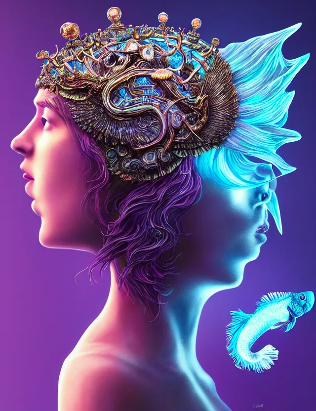 Image similar to goddess macro 3 / 4 profile portrait with crown made of ram skull. betta fish, jellyfish phoenix, bioluminiscent, plasma, ice, water, wind, creature, super intricate ornaments artwork by tooth wu and wlop and beeple and greg rutkowski