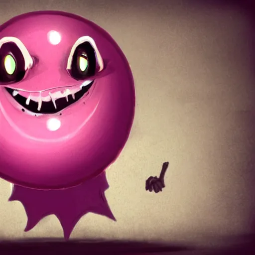 Prompt: a pink balloon with arms and eyes and a huge mouth. Cartoon. Dark Souls boss. Concept art.