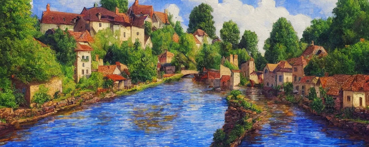 Prompt: a river running through a medieval village, summer, beautiful colors, classic painting, award winning, highly detailed
