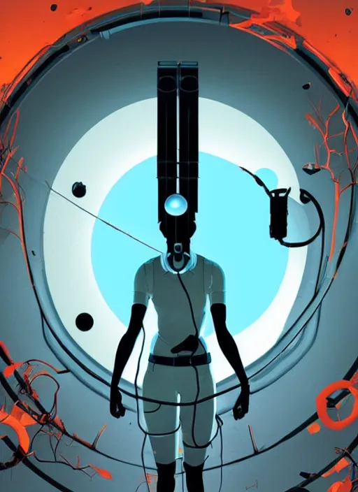 Image similar to poster artwork by Michael Whelan and Tomer Hanuka, of the game Portal, from Valve, Aperture Science, clean