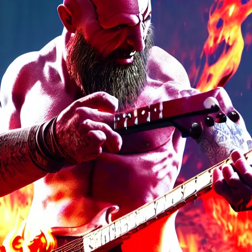 Prompt: kratos shredding on a flaming stratocaster guitar, cinematic render, god of war 2 0 1 8, santa monica studio official media, lightning, spartan rage, red stripe eye