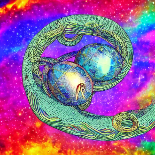 Image similar to a cosmic egg breaking open with a great serpent rising out, occult aesthetics alchemy, award winning art, chromatic aberration polychromatic colors